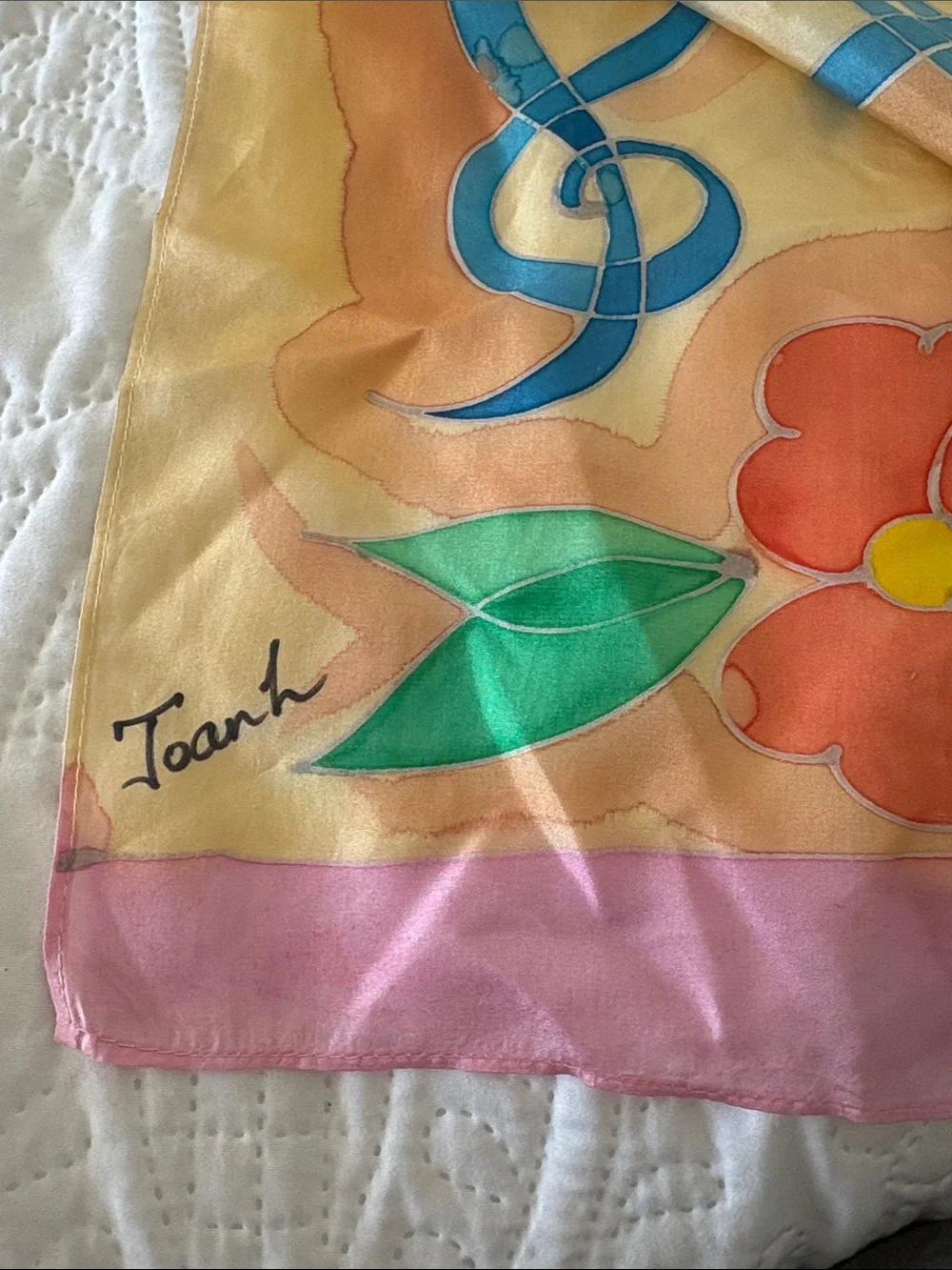Long Floral Silk Scarf with Blue Ribbon Motif